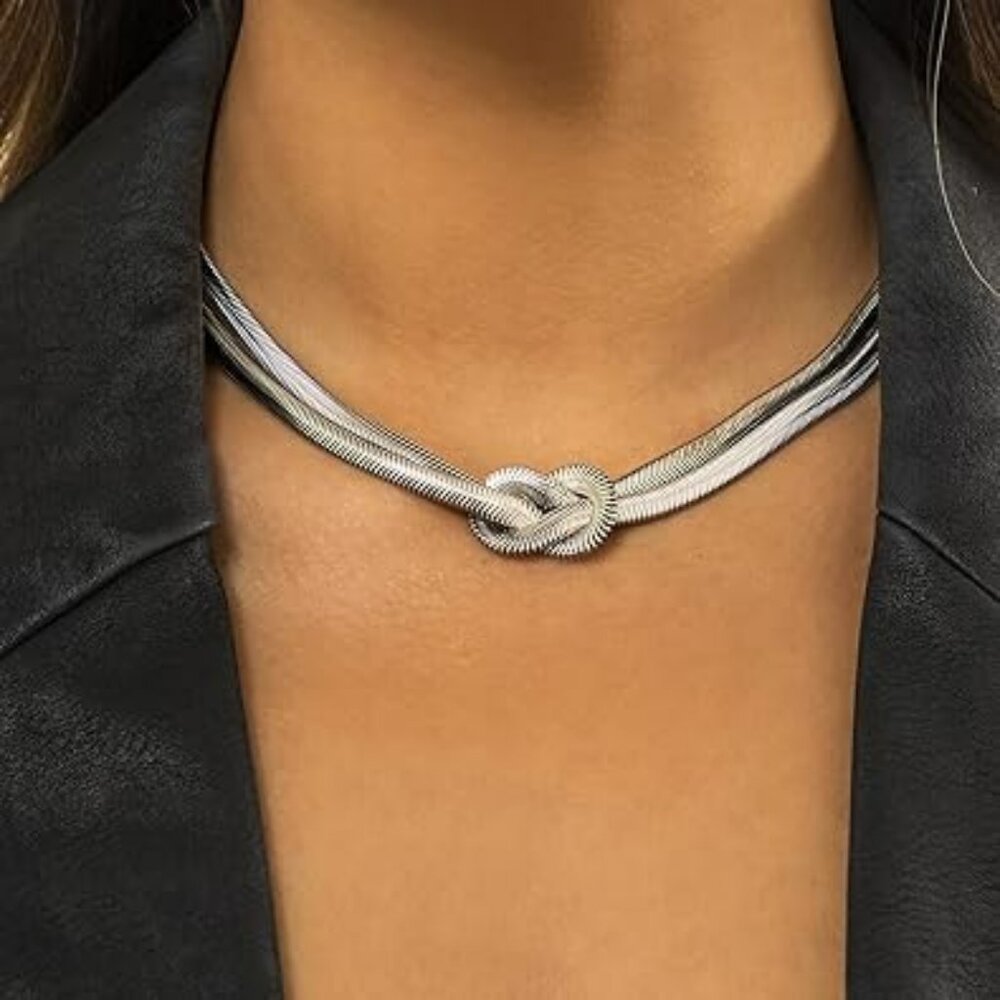 Silver Chunky Knot‎ Choker Necklace Adjustable Double Snake Chain Design
